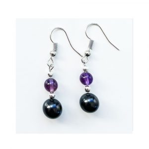 Gem and Shungite bead, 925 Silver loop Earrings, Amethyst, Carnelian, Blue Angelite, Tiger’s Eye.
